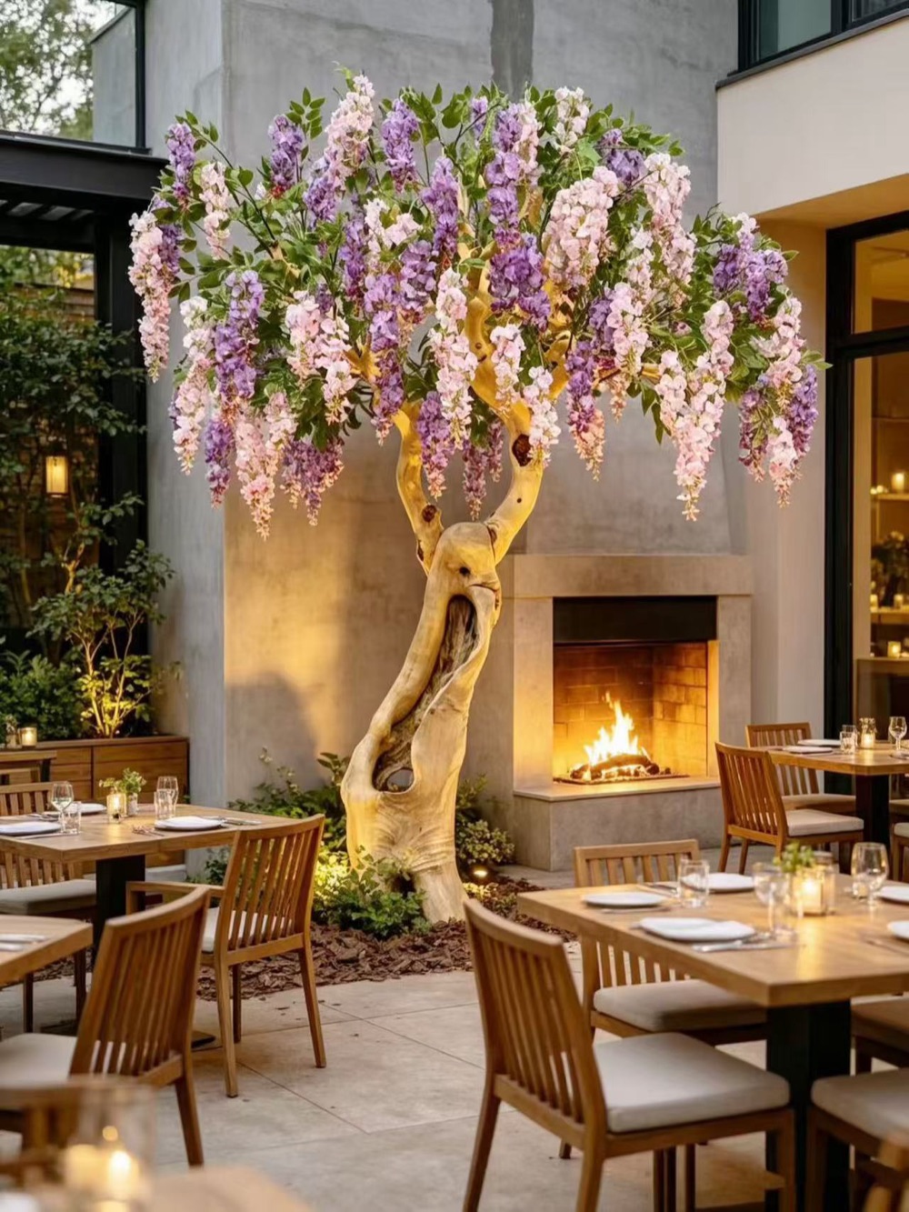 Pink cherry-blossom tree in a modern living room